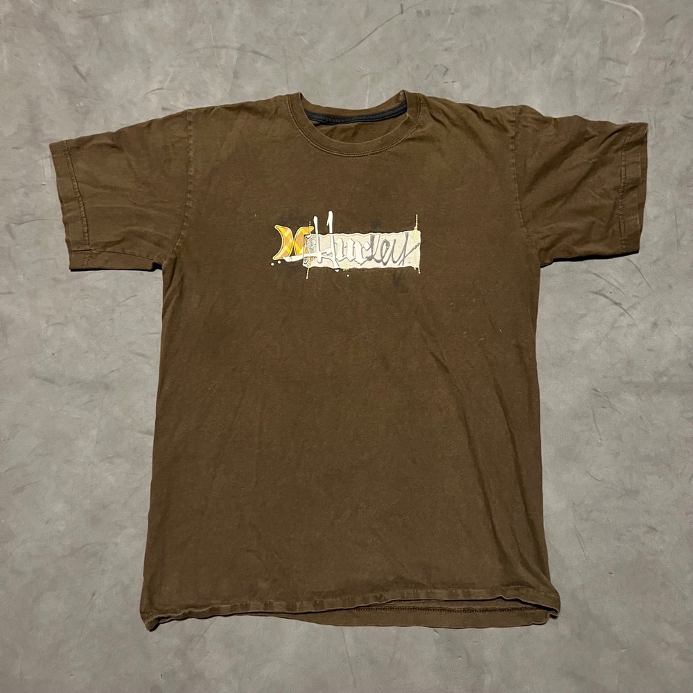 Y2K Hurley T-Shirt Mens Medium Brown Graphic Patch Surf Skateboarding Tee
